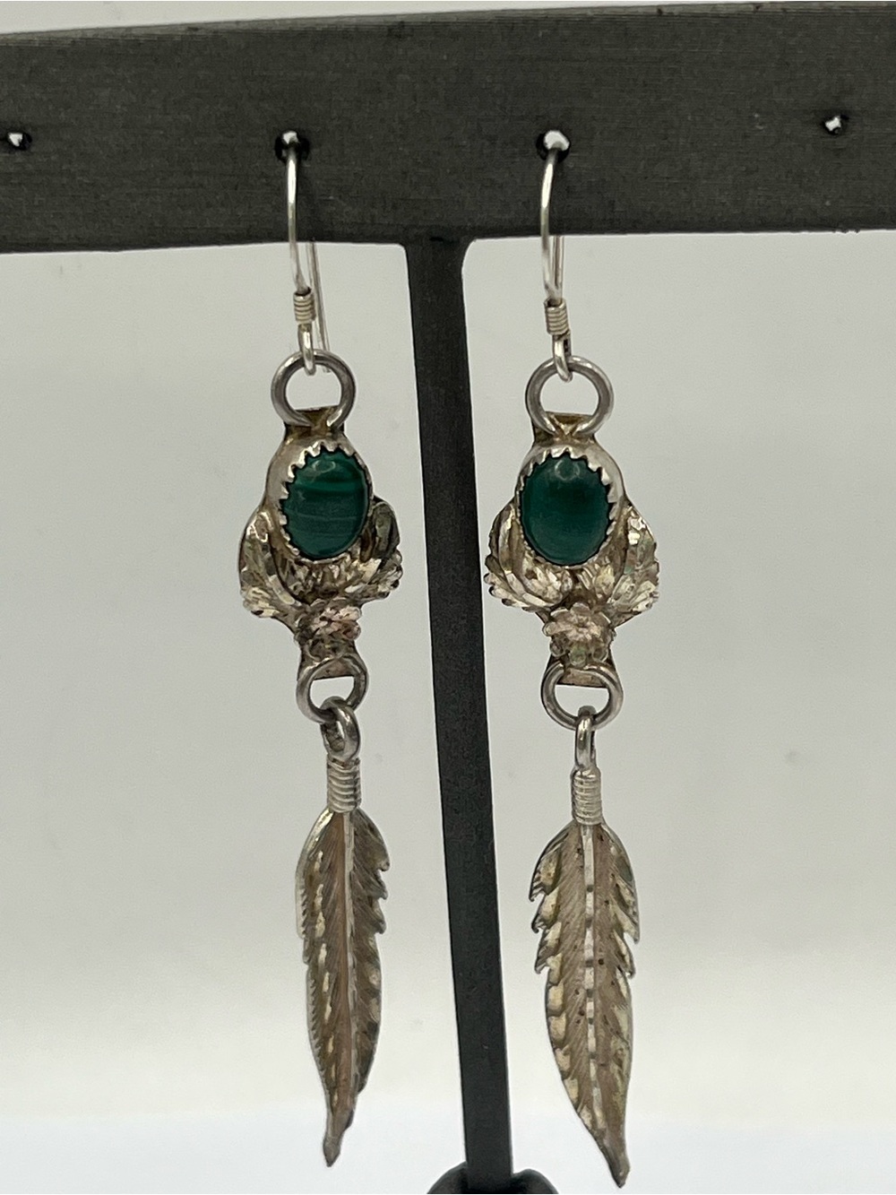 Sterling Silver Malachite Feather Drop Earrings Native American